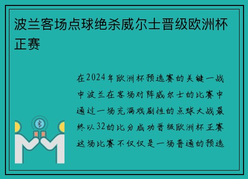 波兰客场点球绝杀威尔士晋级欧洲杯正赛